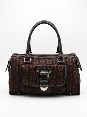 Etienne Aigner Black & Brown Satin Satchel Double Handle Silver Hardware EUC